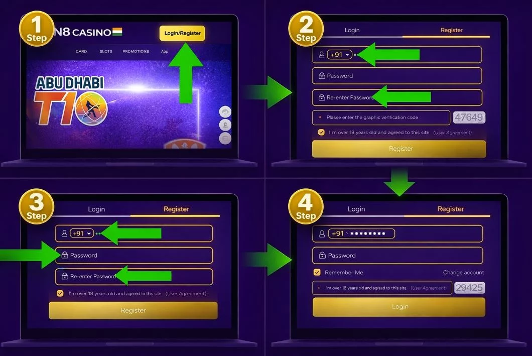 N8 Casino registration process showing how to sign up, enter phone number, create a password, and log in to an account.