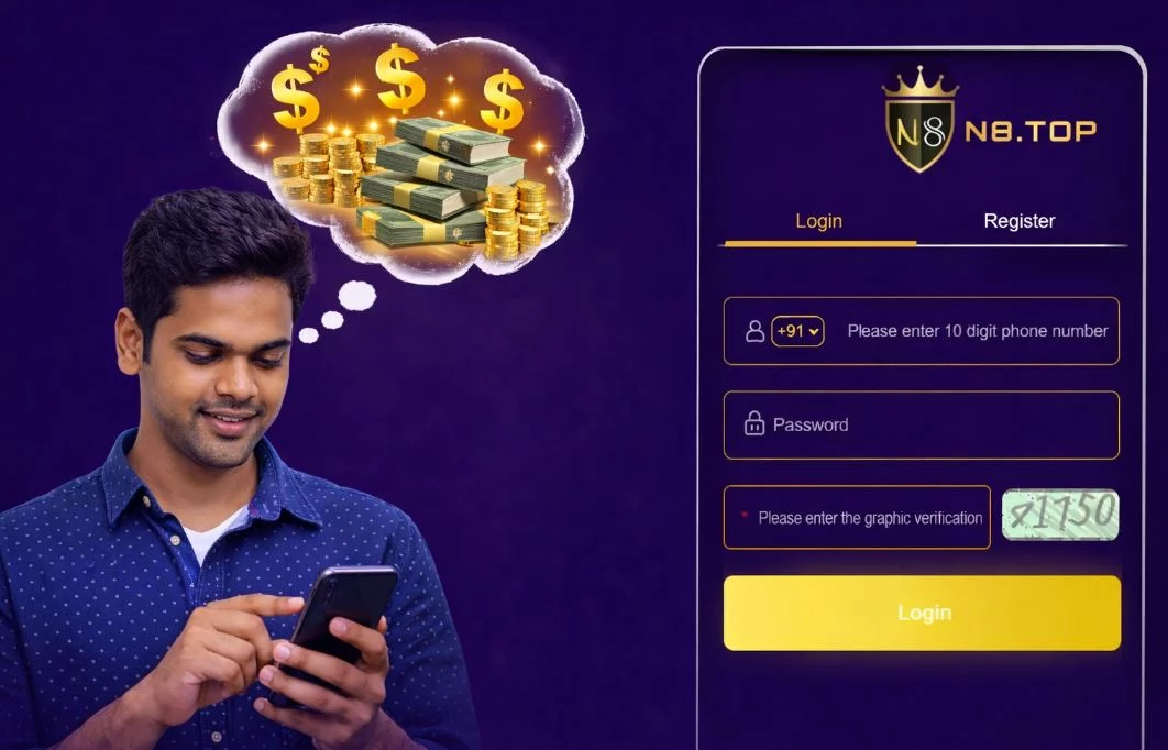 Man logging into an online casino on a smartphone while thinking about big winnings, with the casino login form displayed on the screen